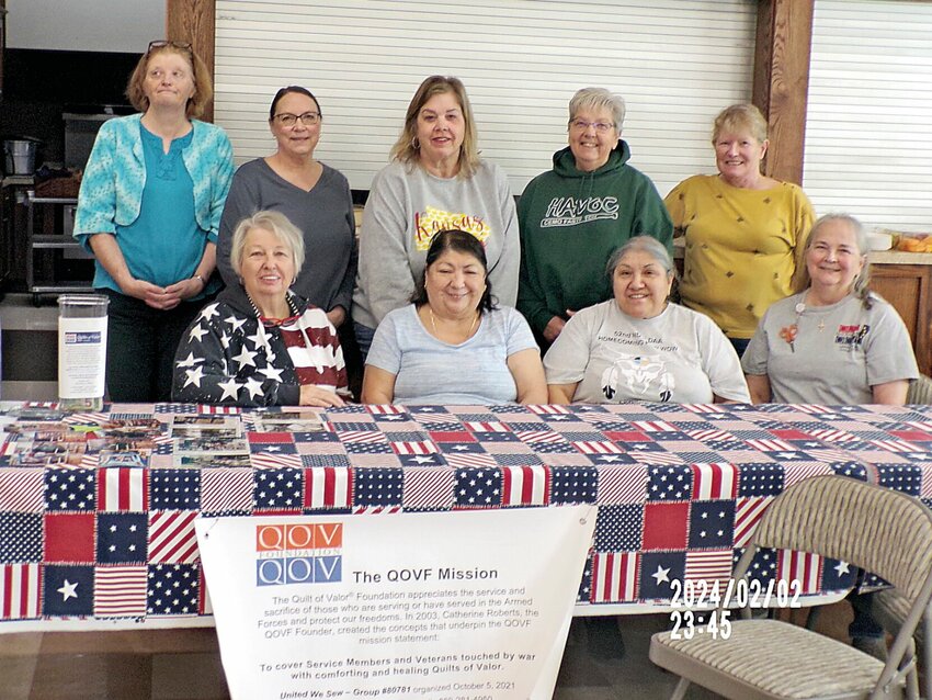 Members of Sedalia&rsquo;s United We Sew No. 80781 with the Quilts of Valor Foundation pose for a photo on Saturday, Feb. 3, during the 2024 National Sew Day at First Christian Church in Sedalia. Back row from left, Cinthia Titus, Connie Soendker, Christy Goodman, Janice Young, and Billie Dunn. Front row, QOV state coordinator Linda Martien, Josie Scribner, Delores Woolery, and Jeannie Braswell. Not pictured is member Tonya Hooton.   Photos courtesy of United We Sew No. 80781