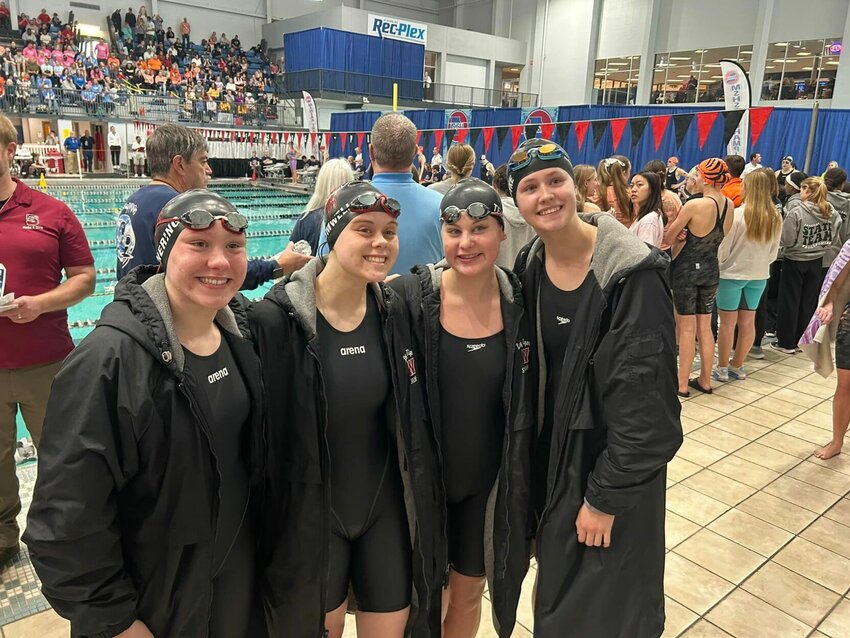 Warrensburg girls swimming's 200 yard freestyle relay of Claira Mannering, Bailey Bromwell, Isabella Teaford and Janey Van Dyke finished 10th in the MSHSAA Class 1 Championships on Friday, Feb. 16, at the St. Peters Rec Plex in St. Peters.&nbsp;