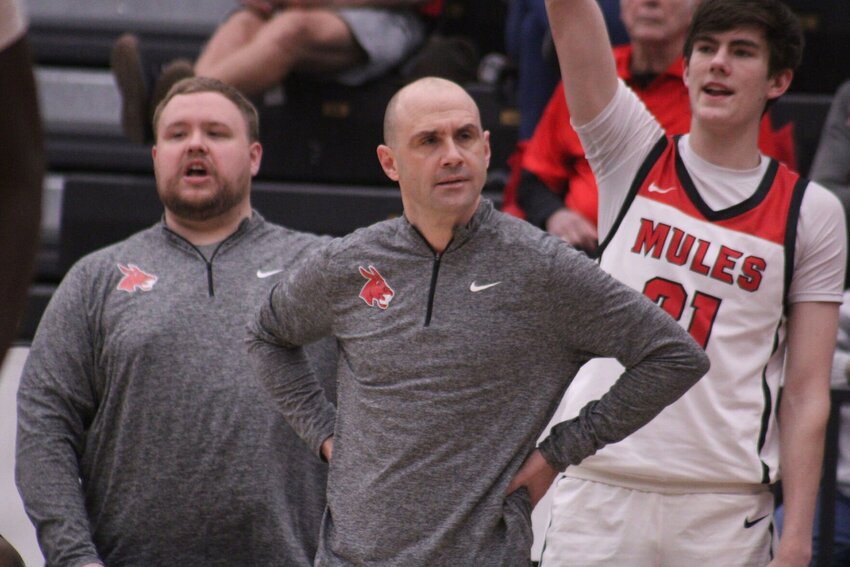 Central Missouri head coach Adam Bohac coaches the Mules against Northeastern State on Saturday, March 2, at the Jerry M. Hughes Athletics Center.