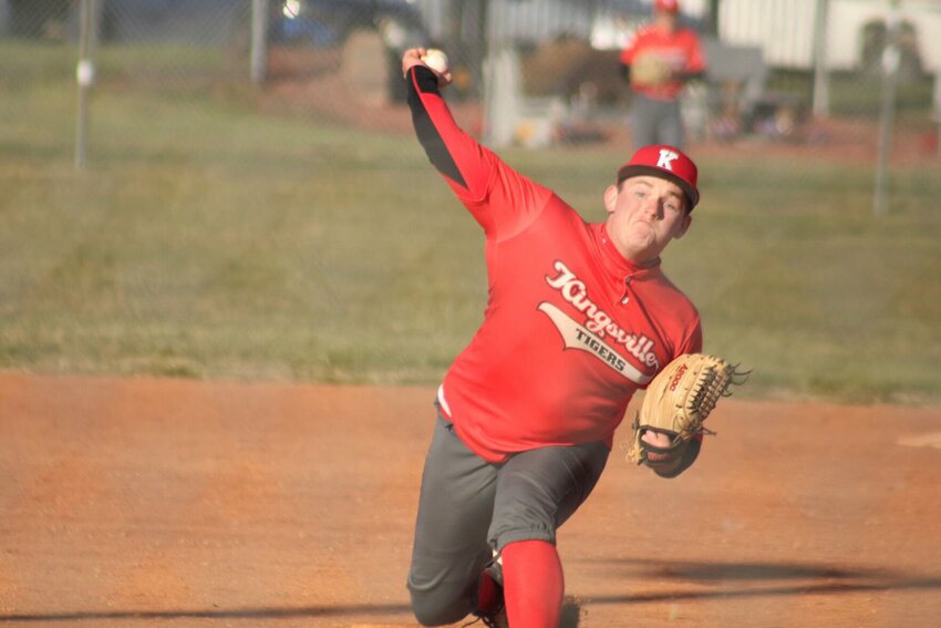 Kingsville junior Brady Stout throws a pitch against Sacred Heart on Wednesday, March 27, at the Kingsville Ballpark.