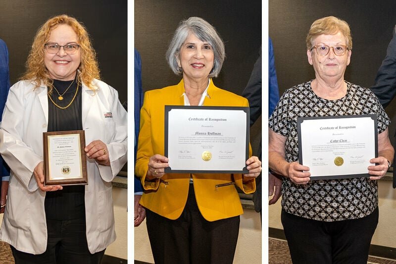 From left, the University of Central Missouri Board of Governors recently recognized Professor Emerita Janice Putnam as recipient of the Governor's Award for Excellence in Education, and awarded emeriti status to Monica Huffman, executive assistant to the president, assistant secretary to the Board of Governors, and Cathy Clear, library assistant V. Clear officially retired in 2016, and Huffman retired March 31.


Photo courtesy of the University of Central Missouri