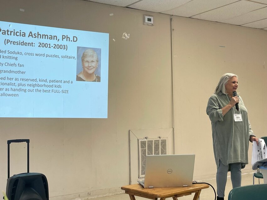 ABC Club member LuRae Shreve presents information about past president Patricia Ashman, who served from 2001-03, during a Women&rsquo;s History Month program.   Photo courtesy of ABC Club