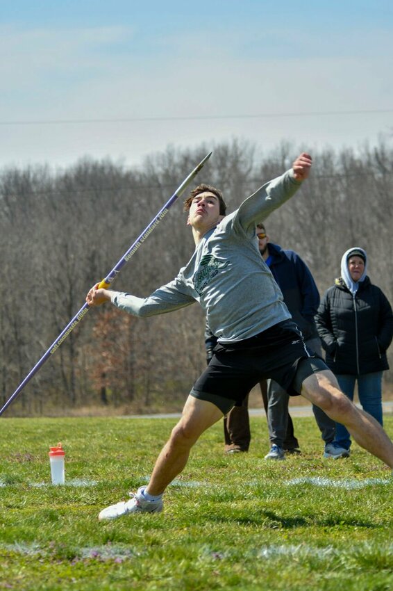 Crest Ridge senior Landon Ashworth throws javelin during the Sherwood Invitational on March 23, at Sherwood High School.&nbsp;