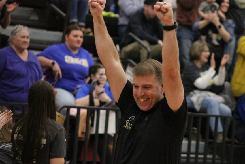 Leeton head coach Travis Fleming celebrates the Bulldogs&rsquo; win against Macks Creek in the MSHSAA Class 1 quarterfinal round March 4, 2023, at the Multipurpose Building.