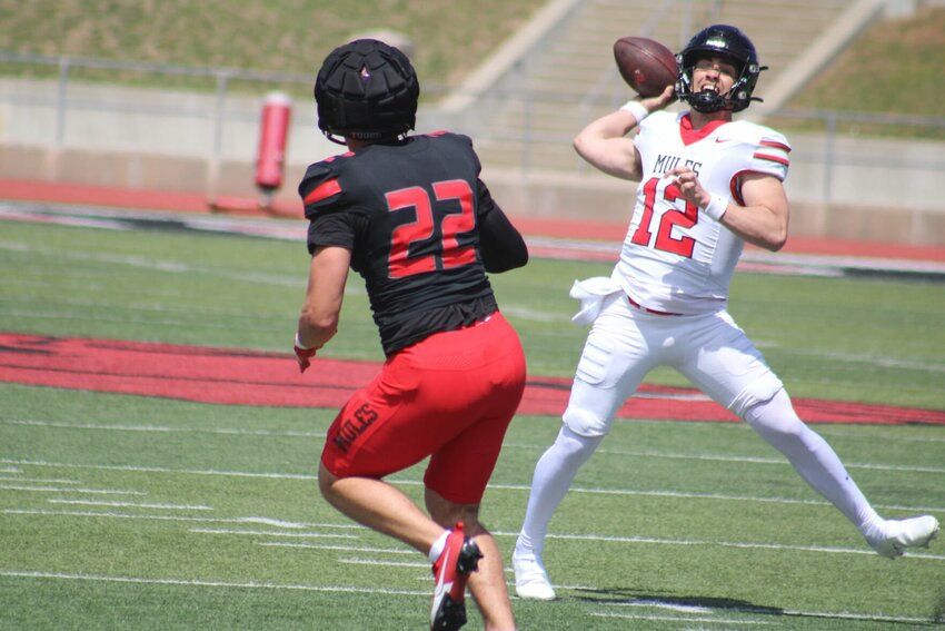 Central Missouri football quarterback Zach Zebrowski throws a pass during during the Red and Black spring game Saturday, April 20, at Walton Stadium.    Photo by Joe Andrews | Star-Journal