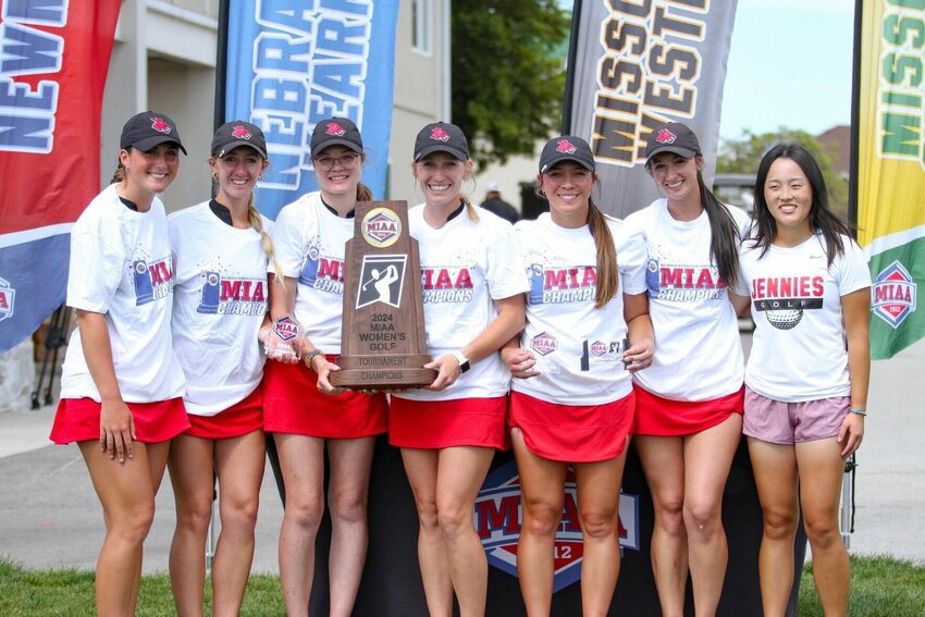 Central Missouri women's golf poses for a photo with its second-consecutive MIAA Tournament championship trophy Wednesday, April 24, at the Silo Ridge Golf Club in Bolivar. 