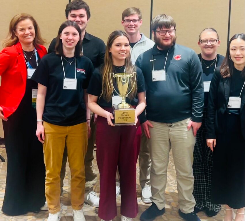 The Muleskinner Faculty Adviser Dr. Julie Lewis and student journalists Promotions Manager Mingzhu Zhu, Multimedia Manager Ellie Whitesell, News Editor Linda Alviar, Sports Editor Aaron Bax and reporters Braeden Sholes, Megan Weaver and Brad Hadank display the Best in State Cup award they received at the Missouri College Media Association and Missouri Broadcast Educators Convention on April 6.


Photo courtesy of the Muleskinner