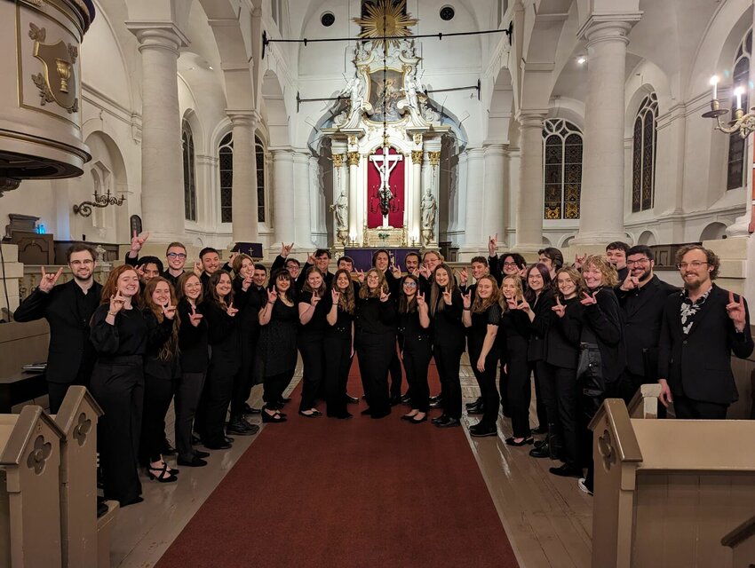 The University of Central Missouri Concert Choir poses for a photo after its second performance of the tour in St. John's Church in Riga, Latvia. Dr. Jackson Thomas said working with the University of Latvia choir during the performance was the most enriching experience he and his students had.