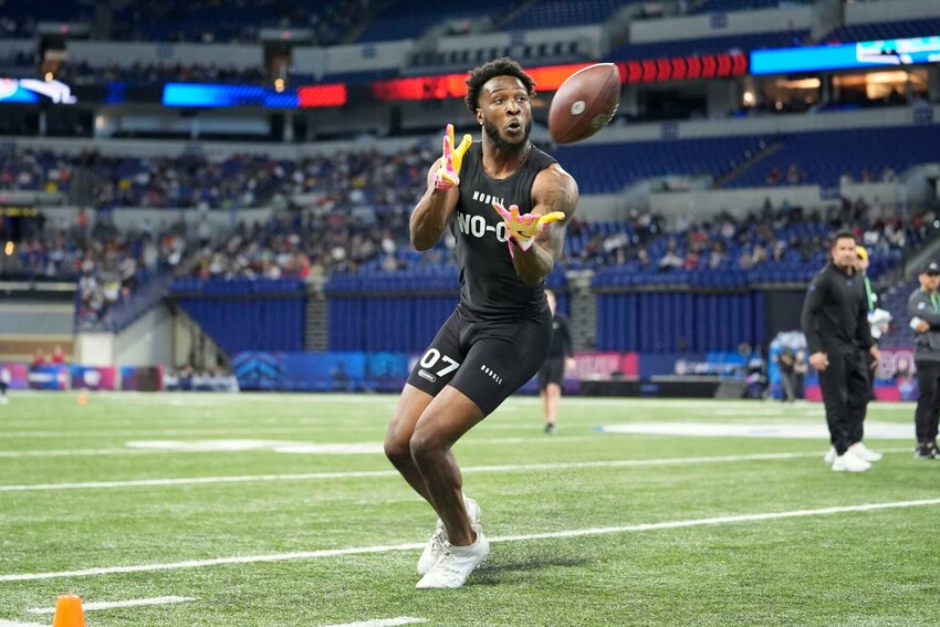 Southeast Missouri State wide receiver Ryan Flournoy runs a drill at the NFL football scouting combine, Saturday, March 2, 2024, in Indianapolis.