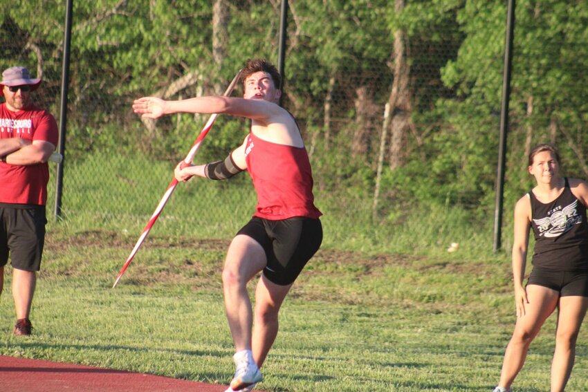 Warrensburg junior Ryan Munsterman throws javelin during the MRVC West Invitational on Monday, April 29, at the Warrensburg Activities Complex.