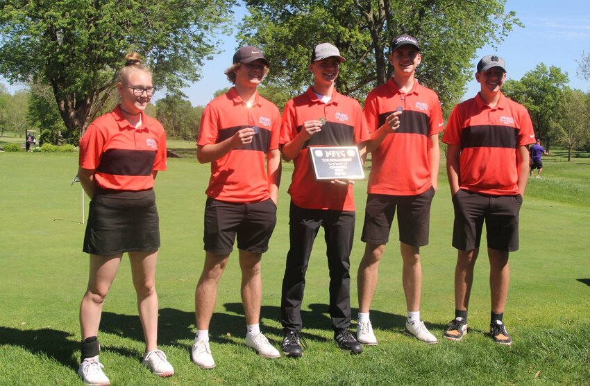 Knob Noster boys golf poses for a photo with its MRVC East Tournament championship plaque on Monday, April 29, at the Blue Springs Country Club.