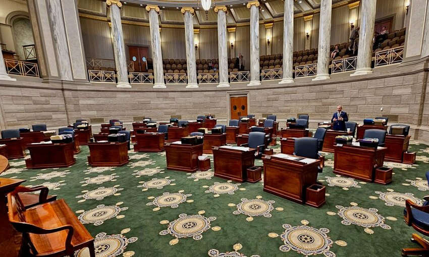 State Sen. Rick Brattin speaks to an empty chamber Wednesday as the filibuster blocking renewal of provider taxes needed to finance Missouri&rsquo;s Medicaid program approached its 24th hour.   Photo by Rudi Keller | Missouri Independent
