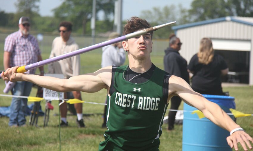 Crest Ridge senior Landon Ashworth competes in javelin during the Class 2 District 7 meet on Saturday, May 4, at Cole Camp High School.