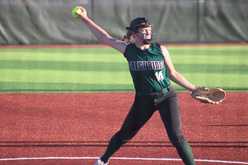 Crest Ridge sophomore Erin Harms throws a pitch against Concordia in the Class 1 District 8 semifinal round Tuesday, May 7, at the Warrensburg Activities Complex.