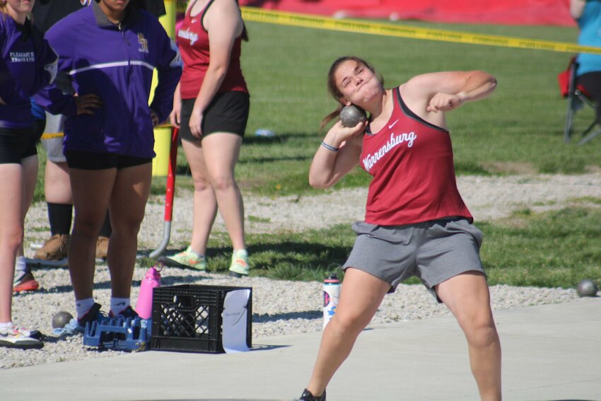Warrensburg senior Jordyn Tarr throws shot put during the MSHSSA Class 4 District 7 Championship on Saturday, May 11, at the Warrensburg Activities Complex.