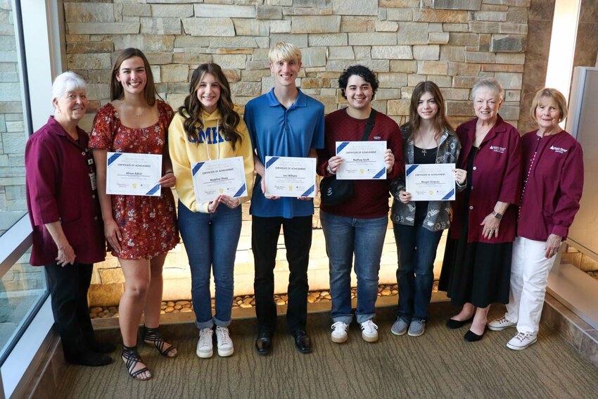 From left, Margo Smith, WMMC Auxiliary President; scholarship recipients Allison Adlich, Madeline Sharp, Levi Wilhelm, Matthew Smith, and Morgan Simpson; Sandi Bryan, Chair of the WMMC Auxiliary Scholarship Committee; and Sue Engelmann, Member of the WMMC Auxiliary Scholarship Committee.   Photo courtesy of Western Missouri Medical Center