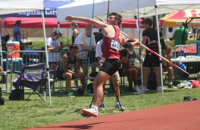 Warrensburg junior Ryan Munsterman competes in javelin during the MSHSAA Class 4 Championships on Saturday, May 25, at Adkins Stadium.