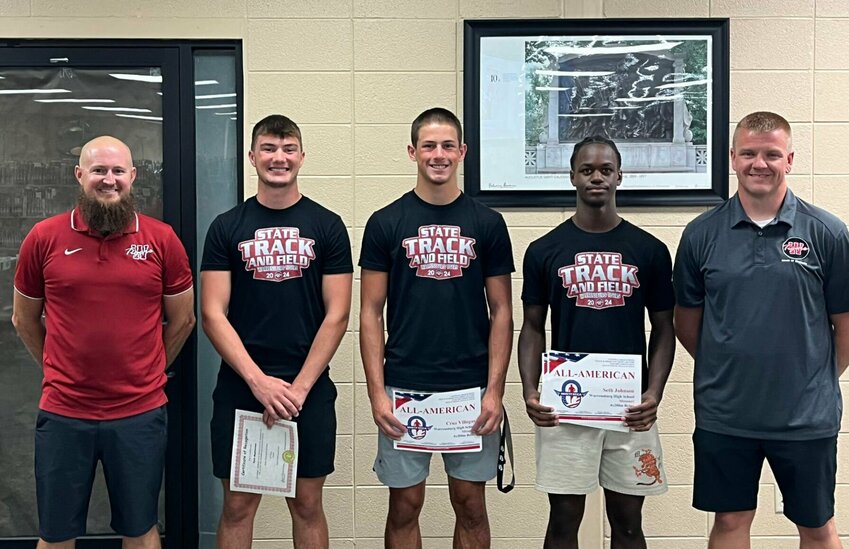 The Warrensburg Board of Education recognized Warrensburg's All-State athletes during its Tuesday, June 18 meeting at Warrensburg High School. From left: head coach Brad Small, junior Ryan Munsterman, sophomore Cruz Villegas, freshman Seth Johnson and Warrensburg Board of Education president Scott Chenault. Not pictured: Amir Ramos and Zanman Graham. &nbsp;
