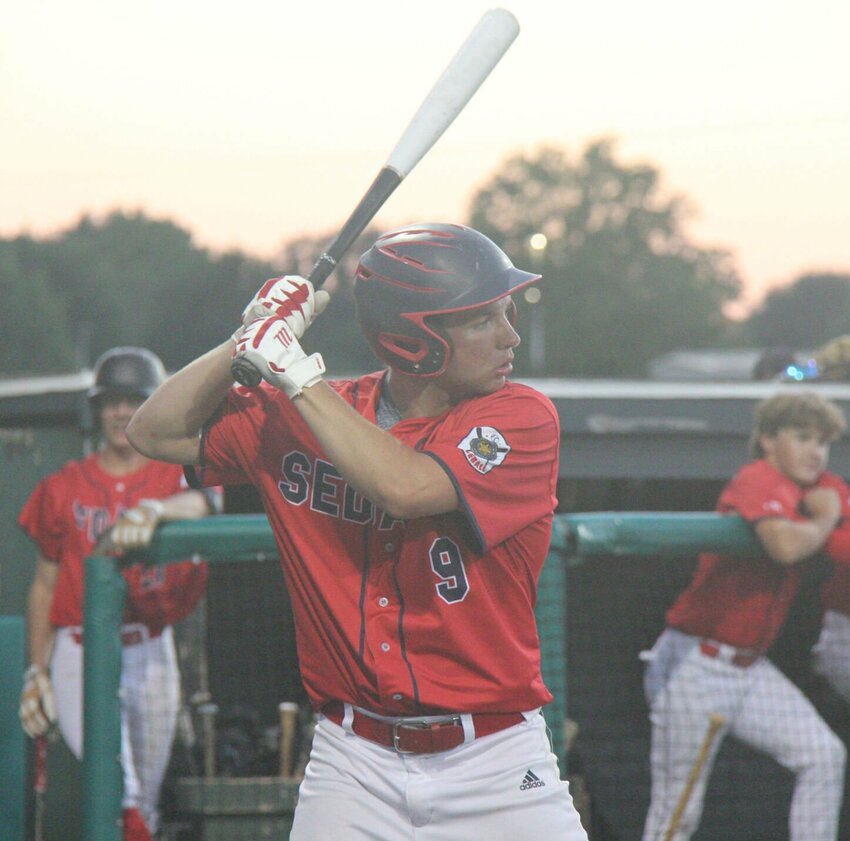 Travelers outfielder Rock Azzaro awaits a pitch during Game 1 of the doubleheader against Fike Post 499 Wednesday, June 26, at Liberty Park Stadium. Azzaro went five for seven with four RBIs across the two games.