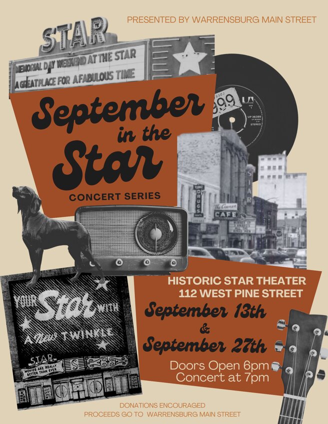 The first September in the Star concert will be performed by Kansas artist Sky Smeed and be held on Friday, Sept. 13. Two weeks later, Main Street will welcome the Kansas City Super Group, Mooncrow on Sept. 27.