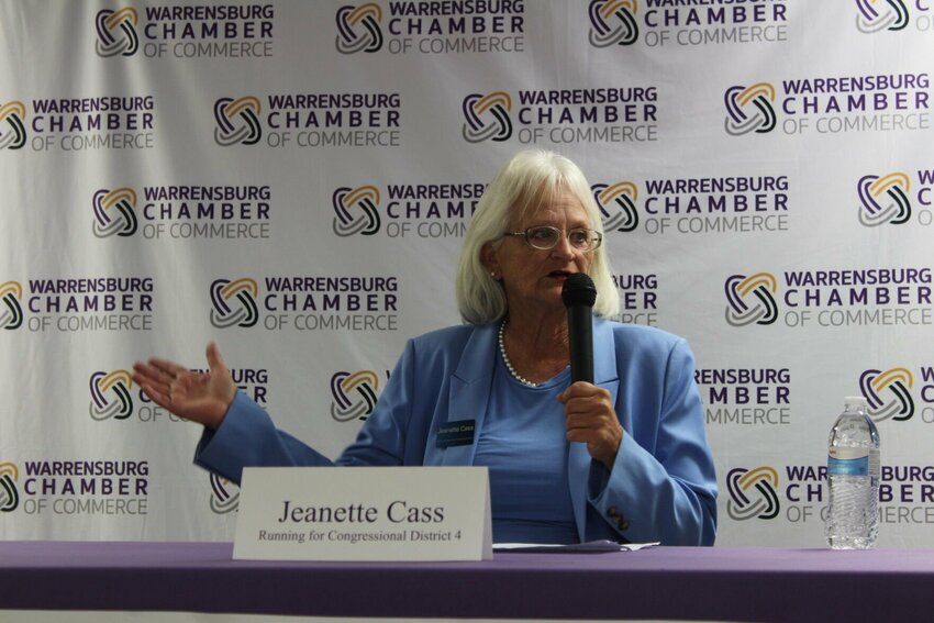 U.S. Representative in the 4th Congressional District of Missouri candidate Jeanette Cass speaks on how she would deal with human trafficking, gun restrictions and the fentanyl crisis if elected on Wednesday, Oct. 16, at the American Legion Post 131 in Warrensburg.