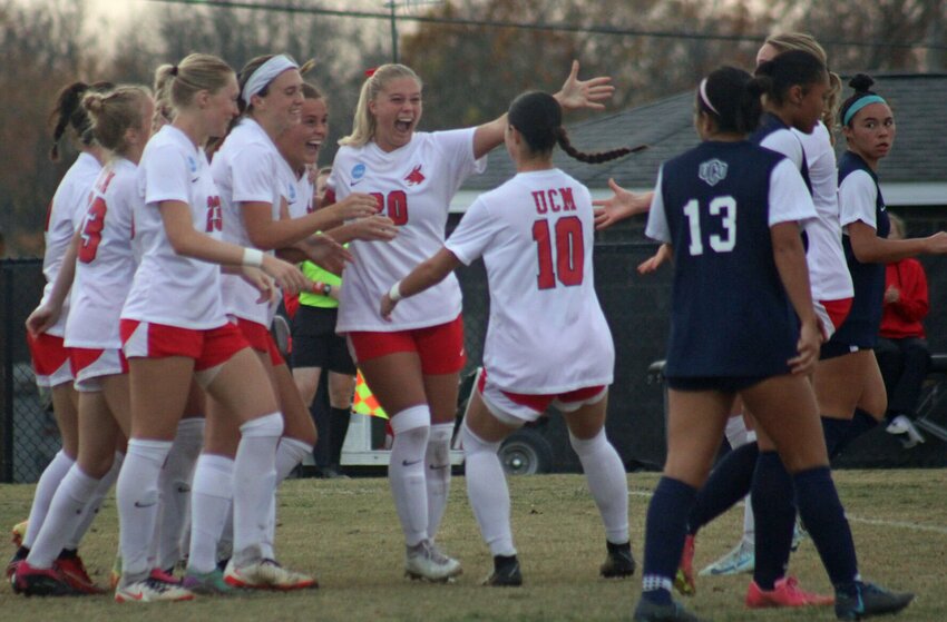 Central Missouri women&rsquo;s soccer celebrates a goal against Central Oklahoma in the second round of the NCAA Division II Tournament on Sunday, Nov. 24, at the UCM South Recreation Complex.