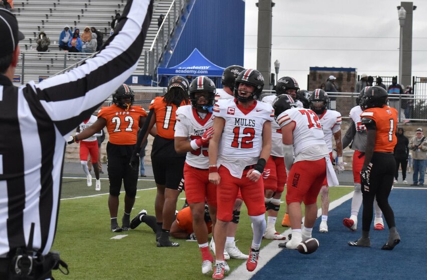 Central Missouri redshirt senior quarterback Zach Zebrowski celebrates a touchdown against the University of Texas Permian Basin on Saturday, Dec. 7, at Community National Bank &amp;amp; Trust Stadium in&nbsp;Corsicana, Texas.