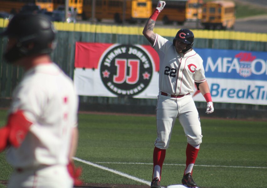 Central Missouri redshirt senior Vance Tobol celebrates a run scored against Quincy on March 19, 2024 at Crane Stadium.