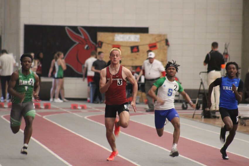 Warrensburg junior Cruz Villegas runs in the 60-meter dash during the Mule Indoor Relays on Saturday, March 22, at the Jerry M. Hughes Athletics Center.