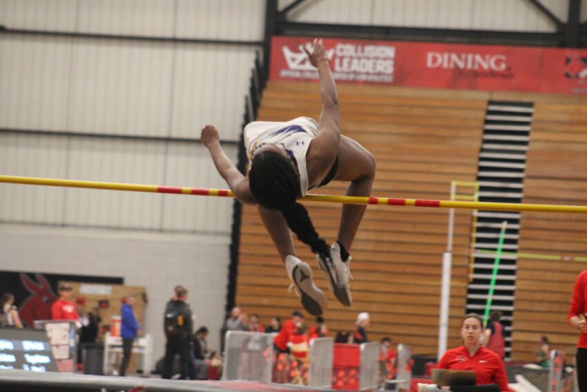 Holden senior Kia Harmon competes in the high jump during the Mule Indoor Relays on Saturday, March 22, at the Jerry M. Hughes Athletics Center.