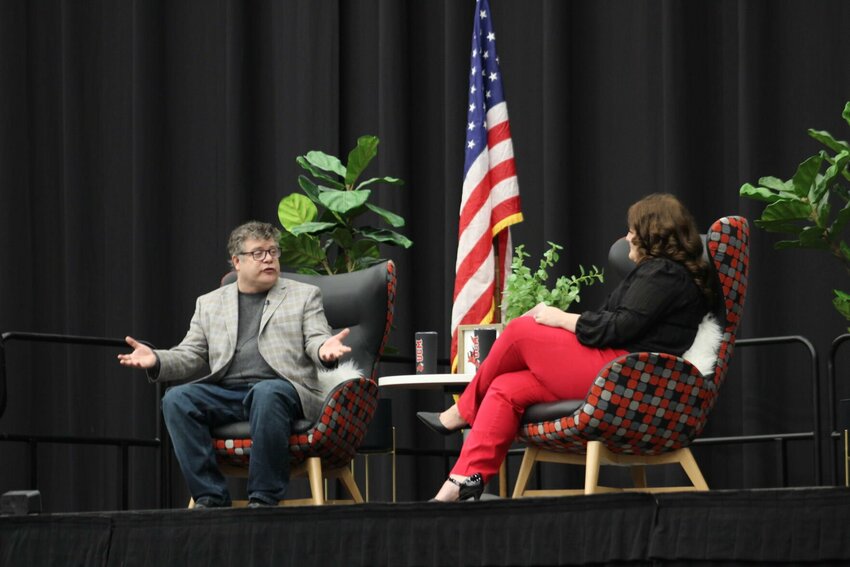 Actor Sean Astin, left, speaks with University of Central Missouri Associate Vice President of Advancement Jackie Jackson, right, on his film career and life offscreen on Saturday, April 12, at the Jerry M. Hughes Athletic Center.&nbsp;