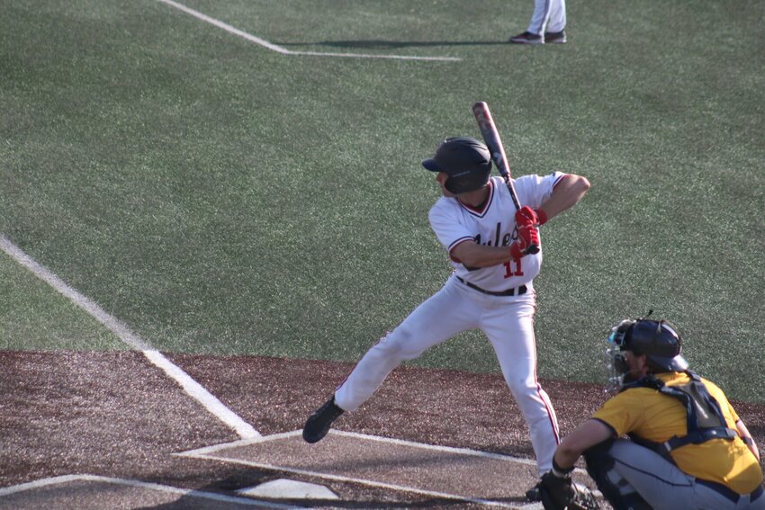 Central Missouri freshman Grant Hollister takes an at-bat against Central Oklahoma on Saturday, April 12, at Crane Stadium.