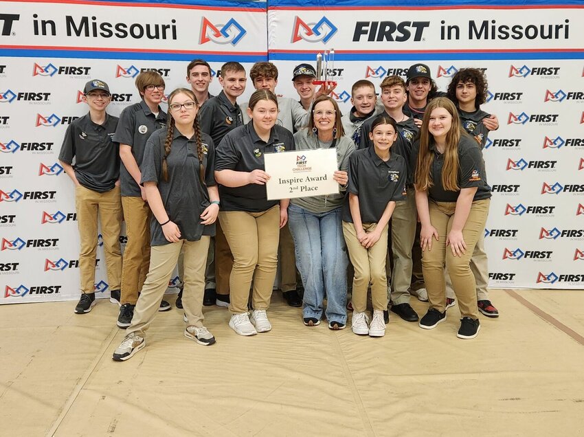 Holden's ScrapHeads 21485 robotics team poses for a photo with its second place Inspire Award at the Missouri/Kansas FIRST Tech Challenge State Championship on Saturday, March 8, at Missouri University of Science &amp;amp; Technology in Rolla, Missouri.&nbsp;The award earned the Scrapheads team a birth to the 2025 FIRST Tech Challenge World Championship held in Houston.