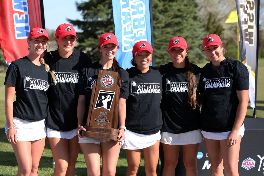 Central Missouri women&rsquo;s golf claimed its third-consecutive MIAA Women&rsquo;s Golf Championship on Tuesday, April 15, at the Meadowlark Hills Golf Course in Kearney, Nebraska. From left: Mia Rallo, Libby Green, Nicole Rallo, Kiki Bruner, Maya McVey and Reece Nimmo.