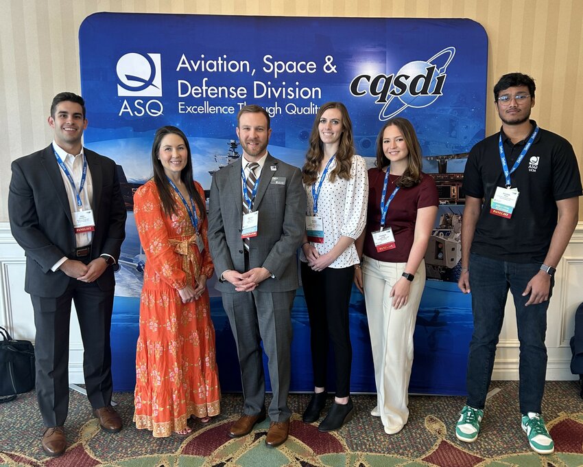 UCM graduate student Kruthiik Majeti, far right, his fellow young quality professional panelists and the panel moderator are seen at the Collaboration on Quality in the Space and Defense Industries (CQSDI) Forum.