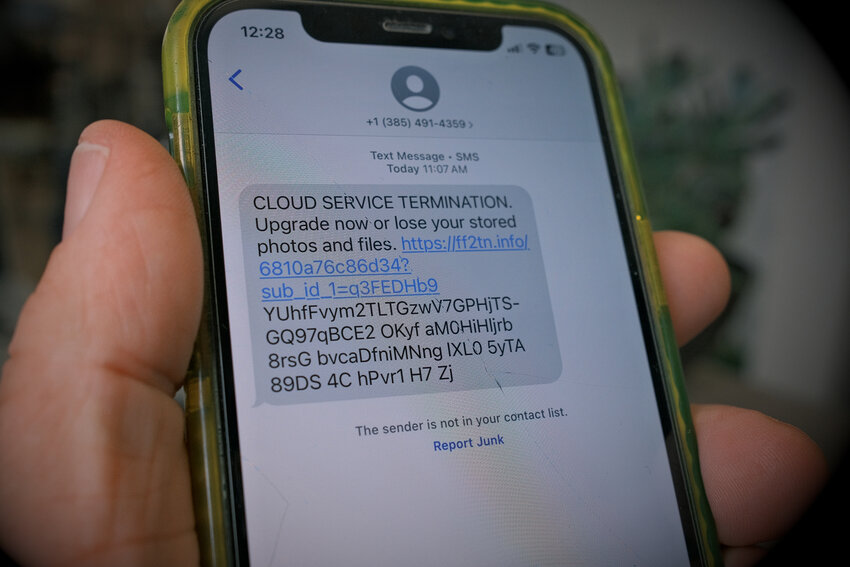 This phishing text, received Tuesday, April 29, is typical with an unrecognized sender, a threat that demands immediate action and an embedded link which, if activated, could install malware, steal passwords and personal information.