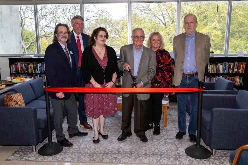 Professor Emeritus Gail Crump, Ph.D., prepares to cut the ribbon for the newly-named G.B. Crump Reading Room. From left, Marc Joseph, Ph.D., chair of the Department of English; UCM President Roger Best; Miriam Fuller, Ph.D., professor of English; Crump; Pat Smithson, former Director of Development with the UCM Alumni Foundation; and Charles Martin, Ph.D., professor of English.