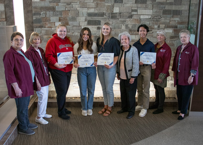 WMMC Auxiliary Scholarship Committee members Rose Wilferth and Sue Engelmann; scholarship recipients Maggie Rankin, Anna Lack, and Kameron Dankenbring; scholarship donor and WMMC Auxiliary member Virginia Campbell; scholarship recipient John Wu, WMMC Auxiliary President Margo Smith, and Auxiliary Scholarship Committee Chair Sandi Bryan.