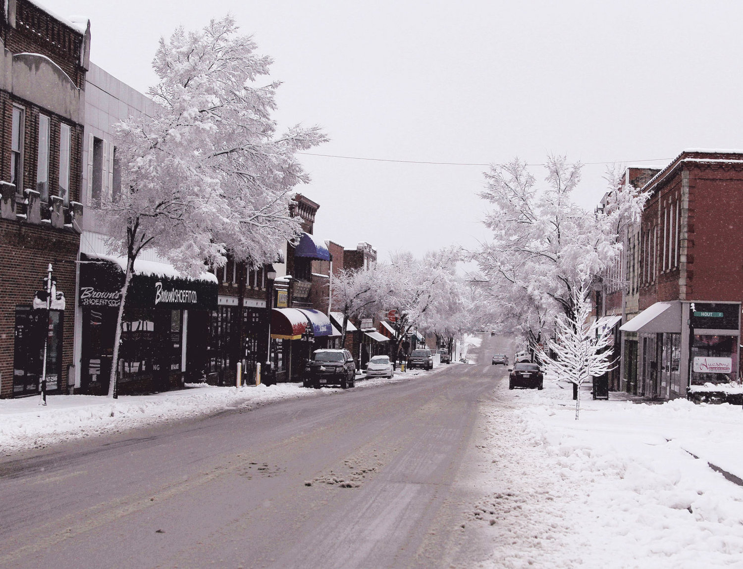Snow covers the trees in downtown Warrensburg in January 2020.
