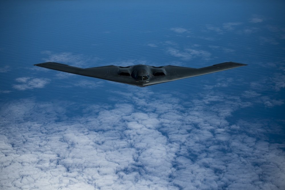 A B-2 Spirit bomber deployed from Whiteman Air Force Base, Missouri, flies near Joint Base Pearl Harbor-Hickam, Hawaii, during an interoperability training mission Jan. 15, 2019.