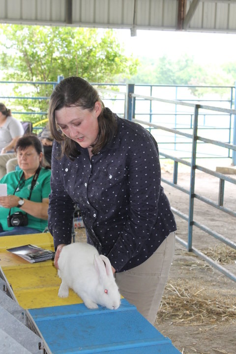 Judge Jessica Farmer inspects one of the rabbits at the Rabbit Show.