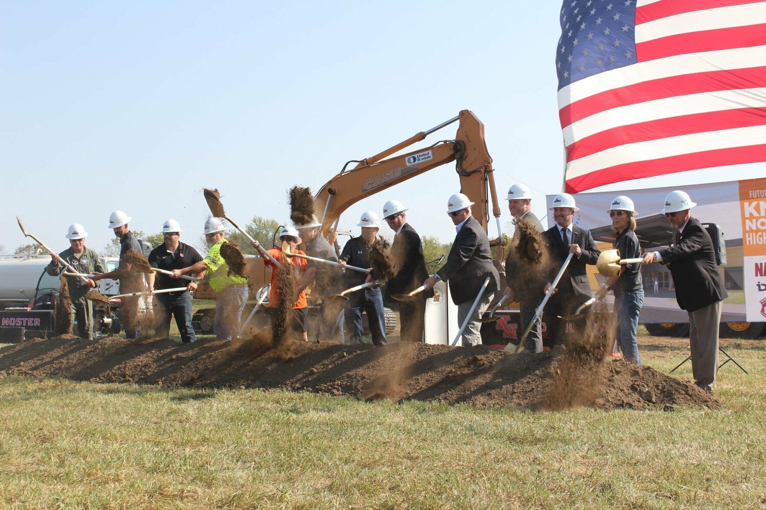 Knob Noster Public School officials, along with stakeholders and representatives from the school, community and Department of Defense, break ground on the new Knob Noster High School on Friday, Oct. 11, in Knob Noster. Construction of the building located at the northeast corner of the intersection of Missouri Highway 23 and Smith Parkway is set to be completed by the 2026-27 school year. 