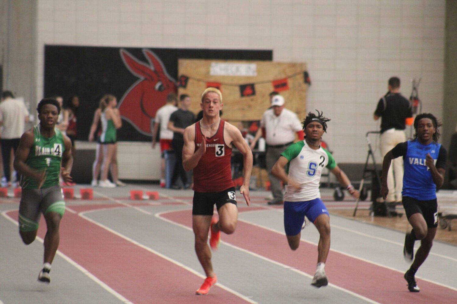 Warrensburg junior Cruz Villegas runs in the 60-meter dash during the Mule Indoor Relays on Saturday, March 22, at the Jerry M. Hughes Athletics Center.
