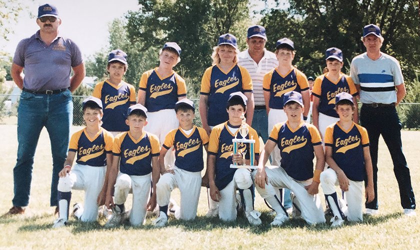 Coaches from left, David Larsen, Frank Jamnick, and Lonnie Lamppa, and members of the Eagles youth baseball team from the 1980s, back row, Jeb Kotzian, Justin Lamppa, Alesia Jamnick, Brian Larsen, Paul Zobitz, and front row, John Templeton, David Berg, Skeeter Lamppa, Patrick Klein, Brian Karney, and Jason Goulet.