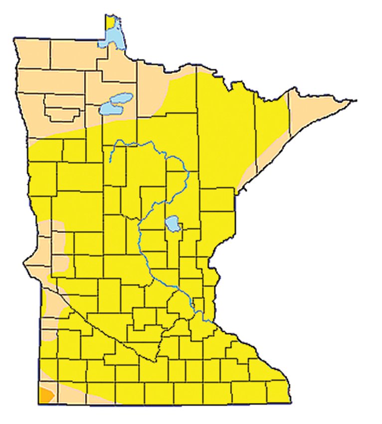 A current Minnesota drought map. Yellow   signifies abnormally dry, while the orange   indicates moderate drought.
