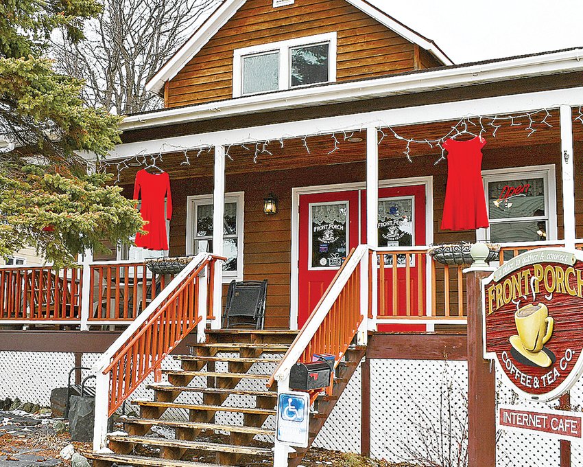 The Front Porch Coffee and Tea Company, above, and other Ely-area businesses will display red dresses during the first week of May in remembrance of missing and murderd Indigenous women.
