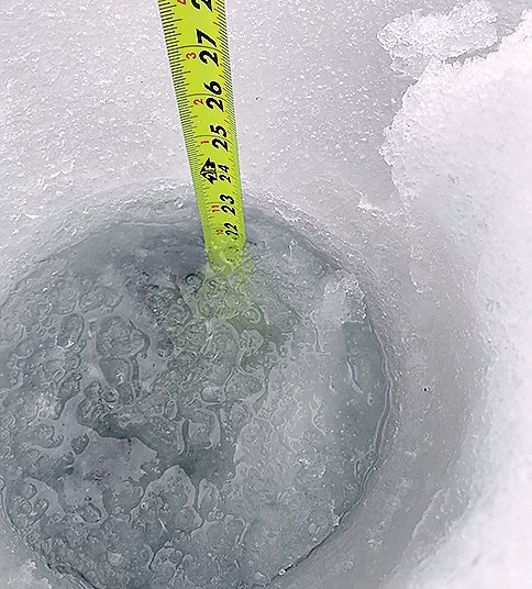 A freshly-drilled hole just off shore on Pike Bay showed 24 inches of ice as of Monday, April 25.  Other parts of the lake hold considerably more ice.