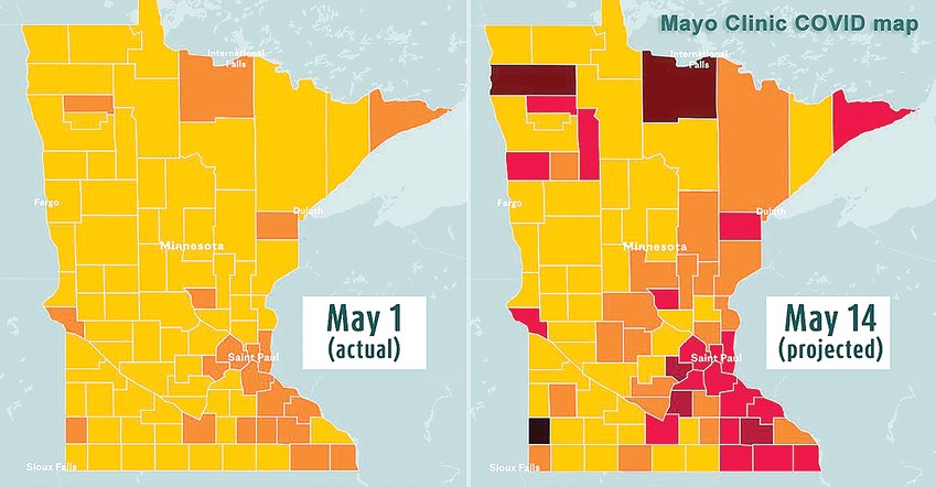 These Mayo Clinic COVID hotspot maps show the projected spread and increase of COVID-19 cases through May 14.