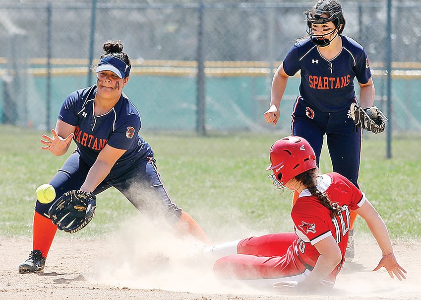 Ely&rsquo;s Kate Coughlin slides safely into second base during Tuesday&rsquo;s contest with the Spartans.