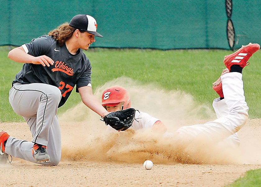 Ely&rsquo;s Gunnar Hart slides in safe at second during a steal attempt against Littlefork-Big Falls on Monday.